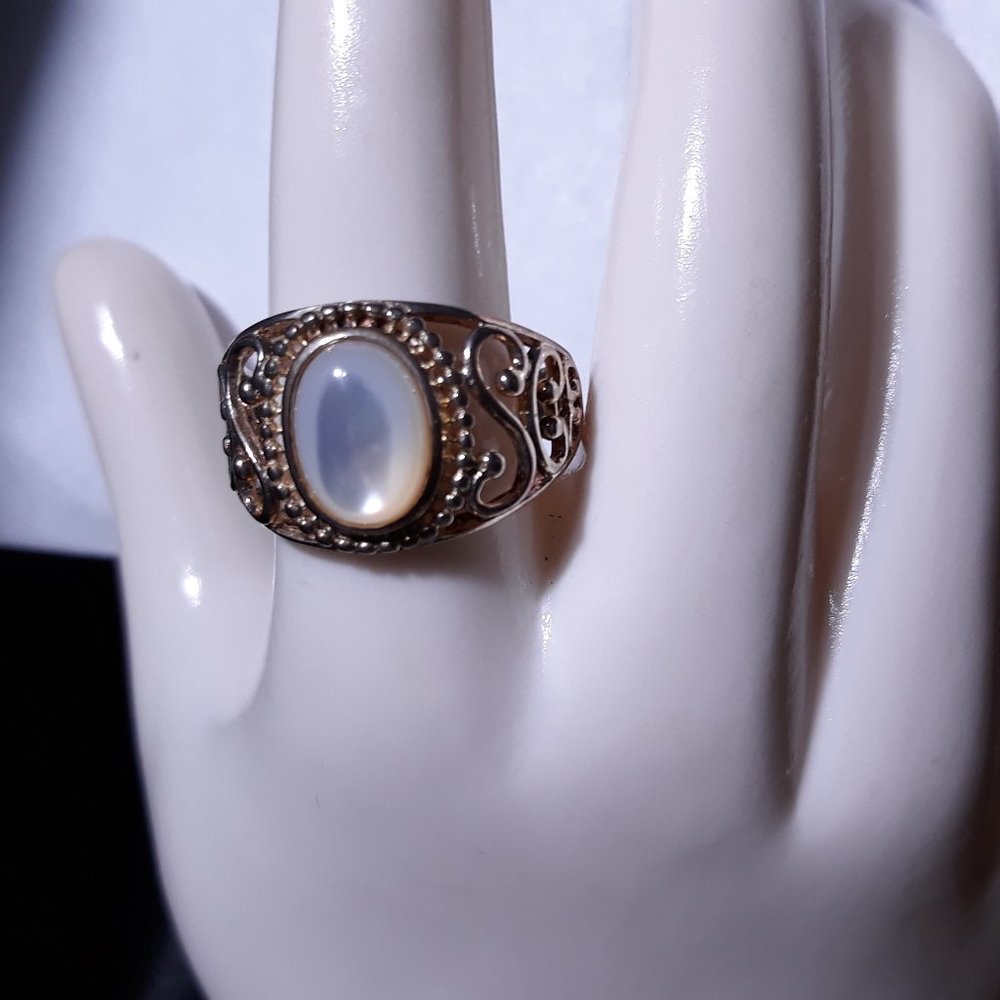 FANCY 925 STERLING  Mother of Pearl Cabochon Clear Glowing Milky Way Ring SZ 11